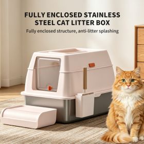 Dual Entry Cat Litter Box Stainless Steel Anti-Splashing Kitty Litter Pan With Scoop & Pedal