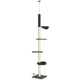 Floor To Ceiling Cat Tree, 5-Tier Cat Climbing Tower, 95-106 Height Adjustable with Carpeted Platforms, Cozy Bed, Hammock, Scratching Post & Toy Ball