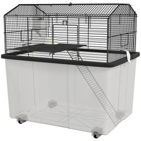 22" 2-Tier Hamster Cage with Extra-Deep 14" Base, Small Animal Cage with Ramp, Water Bottle, Food Dish, Wheels, Black