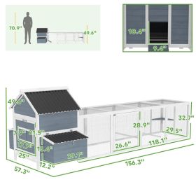 156Extra Large Wooden Chicken Coop With 2 Nesting Box, Run Cage, Waterproof Wave Roof, For 10-15 Chickens, Light Gray