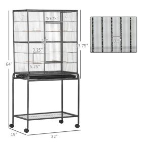 Rolling Metal Bird Cage Feeder With Detachable Rolling Stand, Storage Shelf, Wood Perch & Food Container