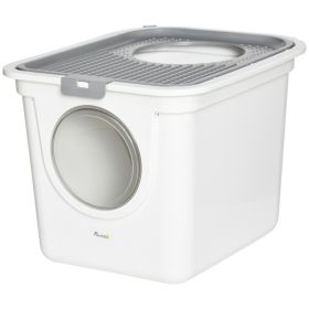 Covered Cat Litter Box, Easy Cleaning Kitty Litter Box with Front Entrance, Top Exit, Scoop, for Odor Control, White