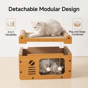 Multi-Style Double-Layer Cat Scratcher House, 2-Tier Large Cat Villa Bed With Corrugated Cardboard, Interactive Hanging Balls & Ergonomic Neck Support (Option: MD TV)