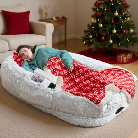 Oversized Human Dog Bed For Adults & Pets, 71 In X45 In X 12 In Ultra Soft Faux Fur Lounger, Washable Floor Bed With Orthopedic Support, Pillow & Blan (Option: Grey Christmas)