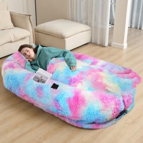 Oversized Human Dog Bed For Adults & Pets, 71 In X45 In X 12 In Ultra Soft Faux Fur Lounger, Washable Floor Bed With Orthopedic Support, Pillow & Blan (Option: Rainbow)