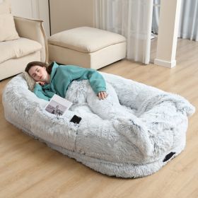 Oversized Human Dog Bed For Adults & Pets, 71 In X45 In X 12 In Ultra Soft Faux Fur Lounger, Washable Floor Bed With Orthopedic Support, Pillow & Blan (Option: Grey)