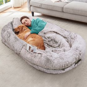 Oversized Human Dog Bed For Adults & Pets, 71 In X45 In X 12 In Ultra Soft Faux Fur Lounger, Washable Floor Bed With Orthopedic Support, Pillow & Blan (Option: RustWhite)