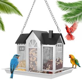 1Pc  Metal Hanging Bird Feeder House Classic Barn Bird Feeder House Iron Hanging Outdoor Feeder With Visible Window And Lift Top Lid 15.75in Hanging L (Option: White)