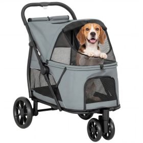 3 Wheel Pet Stroller with Easy One-Click Quick Fold, Mesh Window, Washable Cushion, for Medium Dogs, Gray (Option: Gray Black)