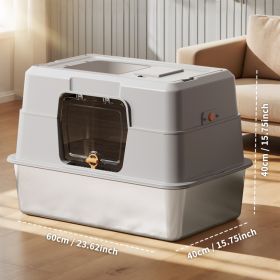60-40-40cm Fully Enclosed Stainless Steel Cat Litter Box, Odor & Splash Proof Easy Clean, For Large Cats & Multi-Cat Households (Option: Grey)