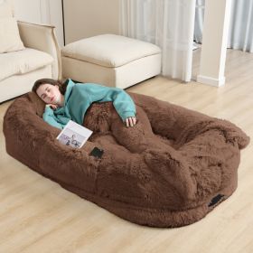 Oversized Human Dog Bed For Adults & Pets, 71 In X45 In X 12 In Ultra Soft Faux Fur Lounger, Washable Floor Bed With Orthopedic Support, Pillow & Blan (Option: Coffee)