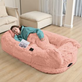 Oversized Human Dog Bed For Adults & Pets, 71 In X45 In X 12 In Ultra Soft Faux Fur Lounger, Washable Floor Bed With Orthopedic Support, Pillow & Blan (Option: Pink)