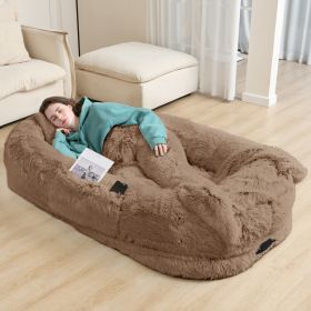 Oversized Human Dog Bed For Adults & Pets, 71 In X45 In X 12 In Ultra Soft Faux Fur Lounger, Washable Floor Bed With Orthopedic Support, Pillow & Blan (Option: Khaki)
