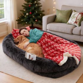 Oversized Human Dog Bed For Adults & Pets, 71 In X45 In X 12 In Ultra Soft Faux Fur Lounger, Washable Floor Bed With Orthopedic Support, Pillow & Blan (Option: DarkGrey Christmas)